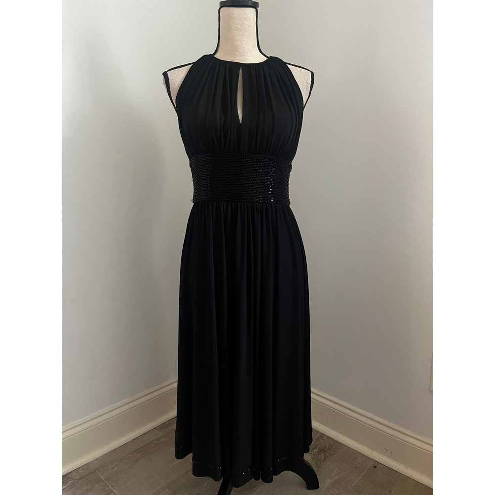 Black Beaded Waist Cocktail Dress 6 Halter Keyhole‎ LBD Elegant Glam Minimalist